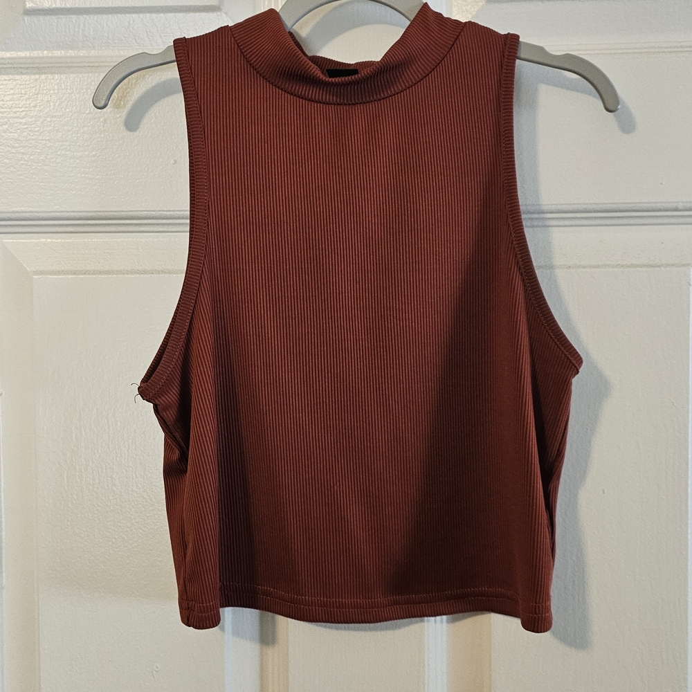 SHEIN Sleeveless Ribbed Mock Neck Muscle Tee in Brown